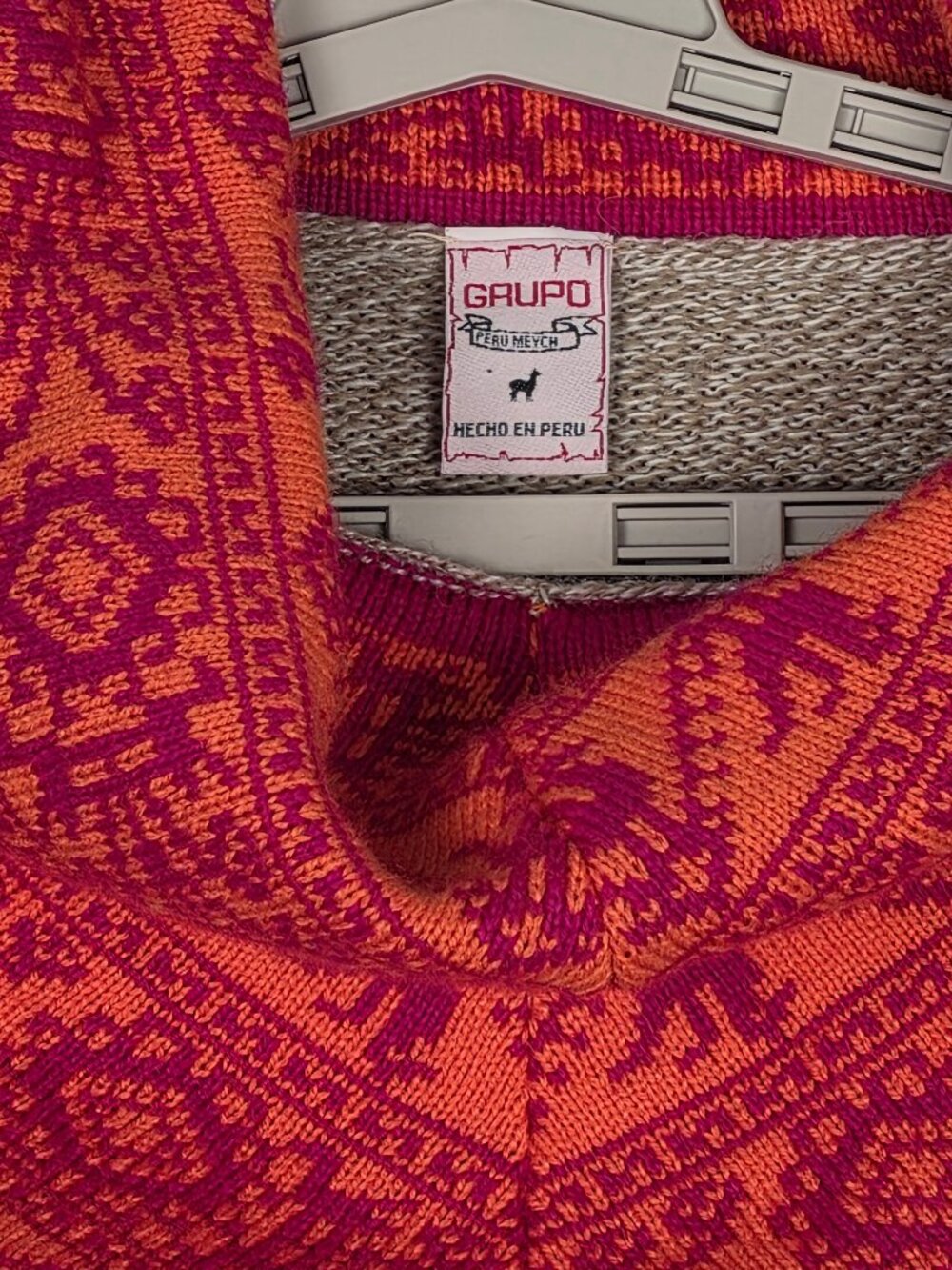 Peruvian Alpaca Poncho Sweater – Cowl Neck – Geometric Trim - Picture 4 of 9